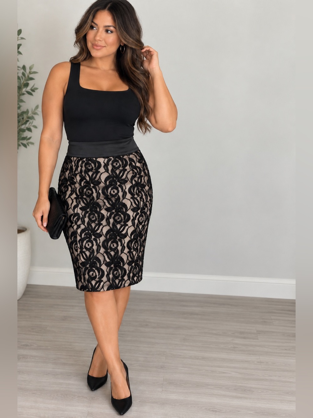 Dalia Collection Black Floral Lace Skirt Nude Lined Pencil Skirt Size 6